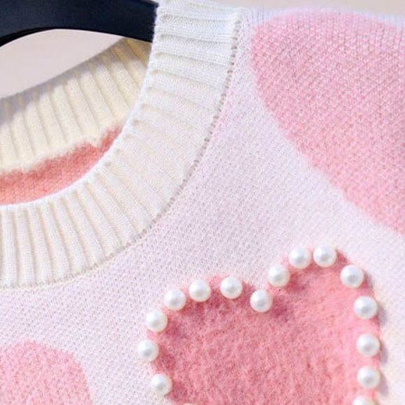 Pearl Beaded Heart Knit Turtleneck Sweater Pullover Women Top - Picture 5 of 10
